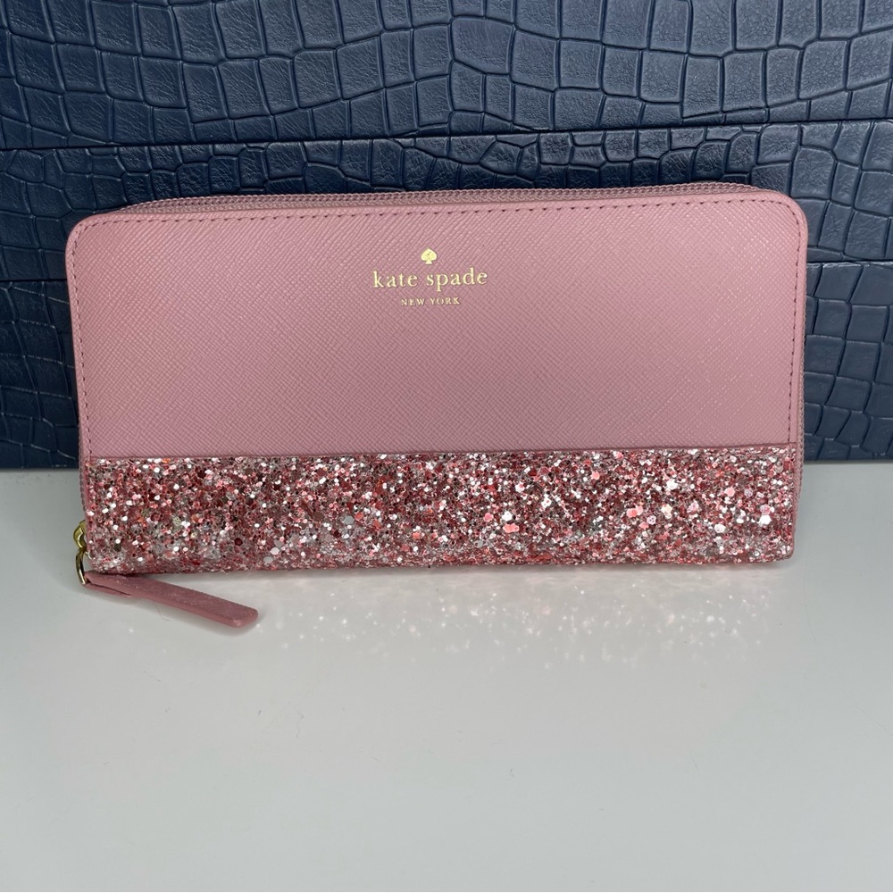 NWT Kate Spade Neda pink glitter zip around wallet